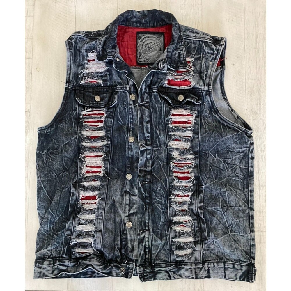 Vtg 1738 Denim Vest Jacket Cotton 3XL Biker Rockabilly Black Shredded Acid Wash